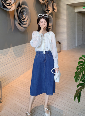 紫璐莱双向奔赴~四季百搭显瘦高腰复古法式蓝色牛仔a字半身裙508W
