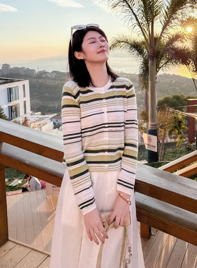 紫璐莱柠檬软糖~经典复古撞色条纹圆领显瘦长袖针织开衫上衣女36X