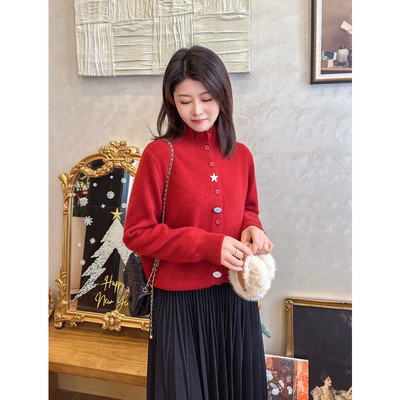 半高领纽扣设计感毛衣开衫