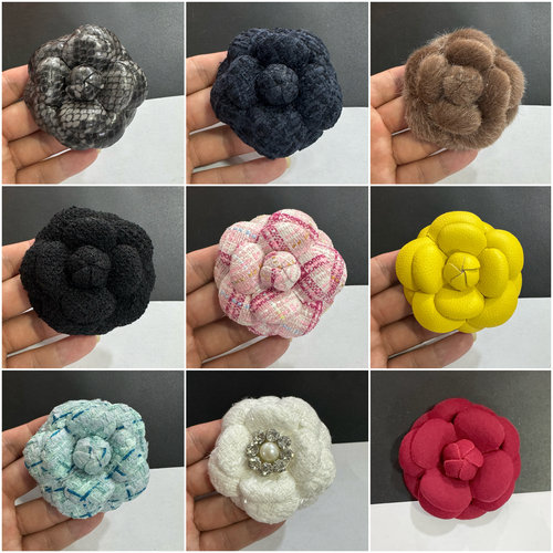 新款6.8cm56个色高端小香风粗花尼定型山茶花饰品胸花加胸针发夹