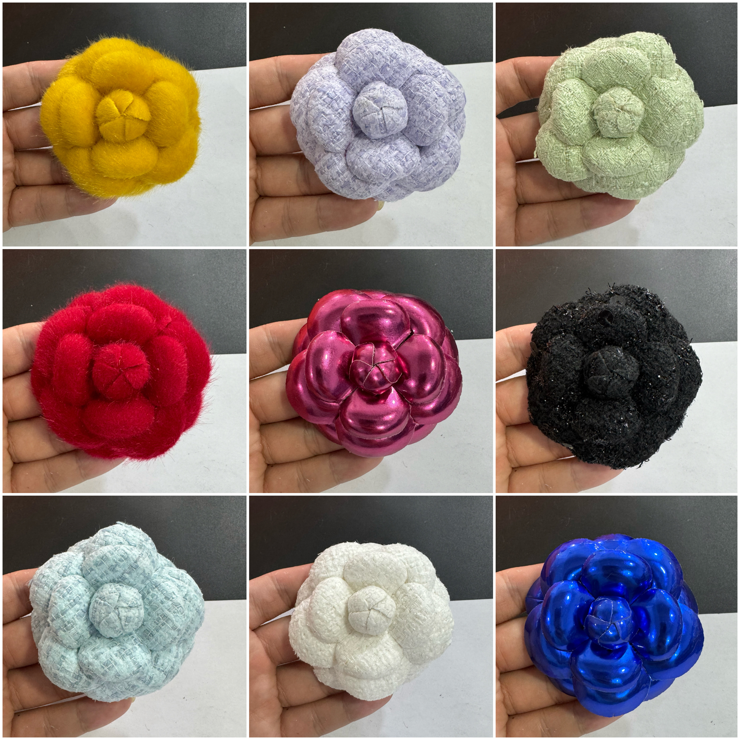 新款6.8cm高端流行小香风粗花尼定型花山茶花饰品胸花加胸针发夹