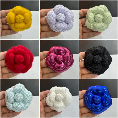 新款6.8cm56个色高端小香风粗花尼定型山茶花饰品胸花加胸针发夹
