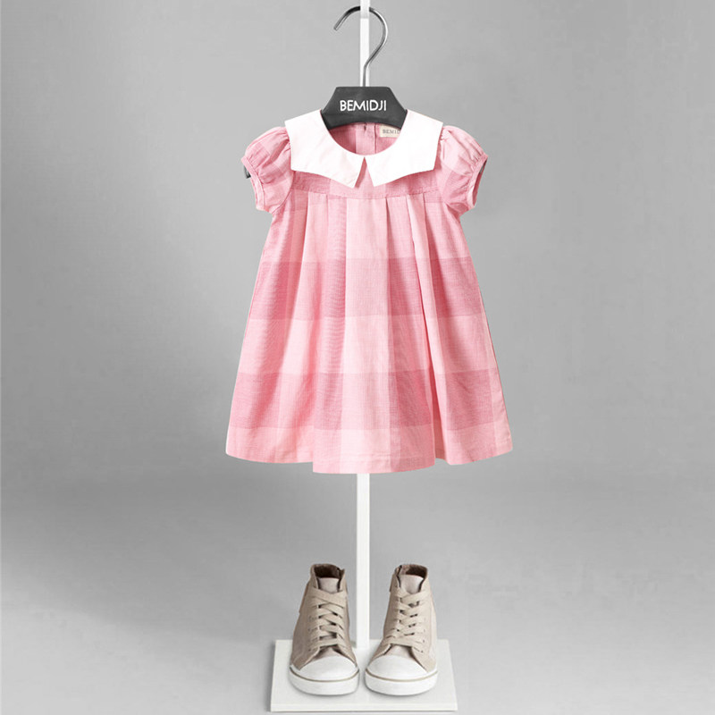 伯米吉夏季韩版棉质女童透气亲肤格子连衣裙甜美可爱海军领娃娃裙