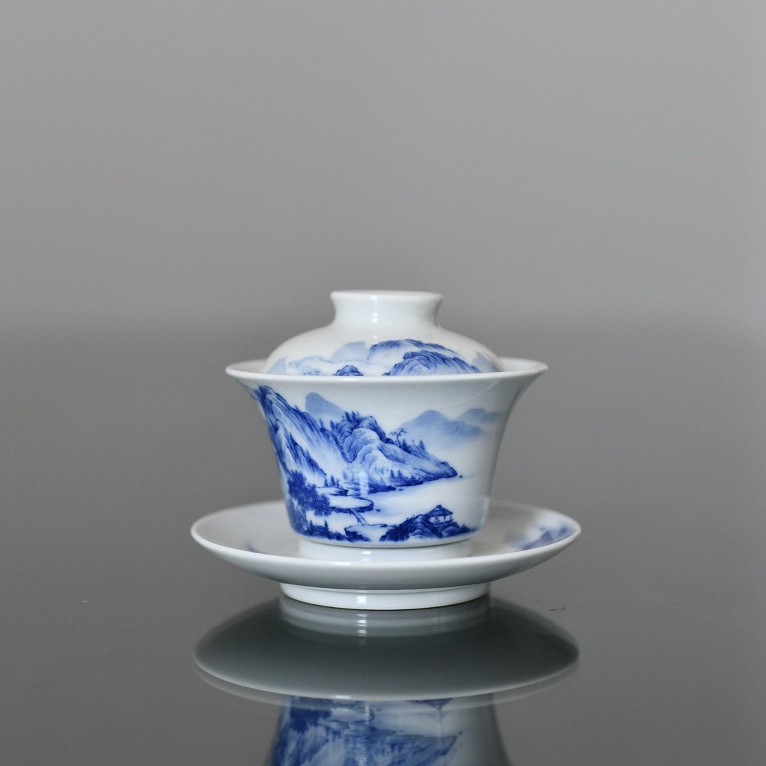 妙色气窑溪山秋霁三才马蹄盖碗150CC景德镇青花瓷山屋沏它山选