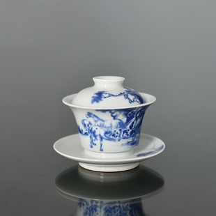 妙色柴窑青花神骏图马蹄盖碗150CC景德镇青花瓷山屋沏它山