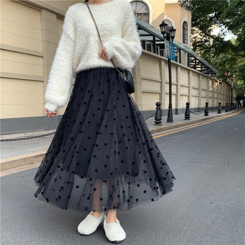 Real shot in autumn and winter with sweater for women 2021 new high waist slim black medium length mesh skirt