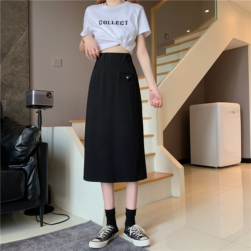 Real photo of 2021 summer new high waist slim split mid length buttock skirt