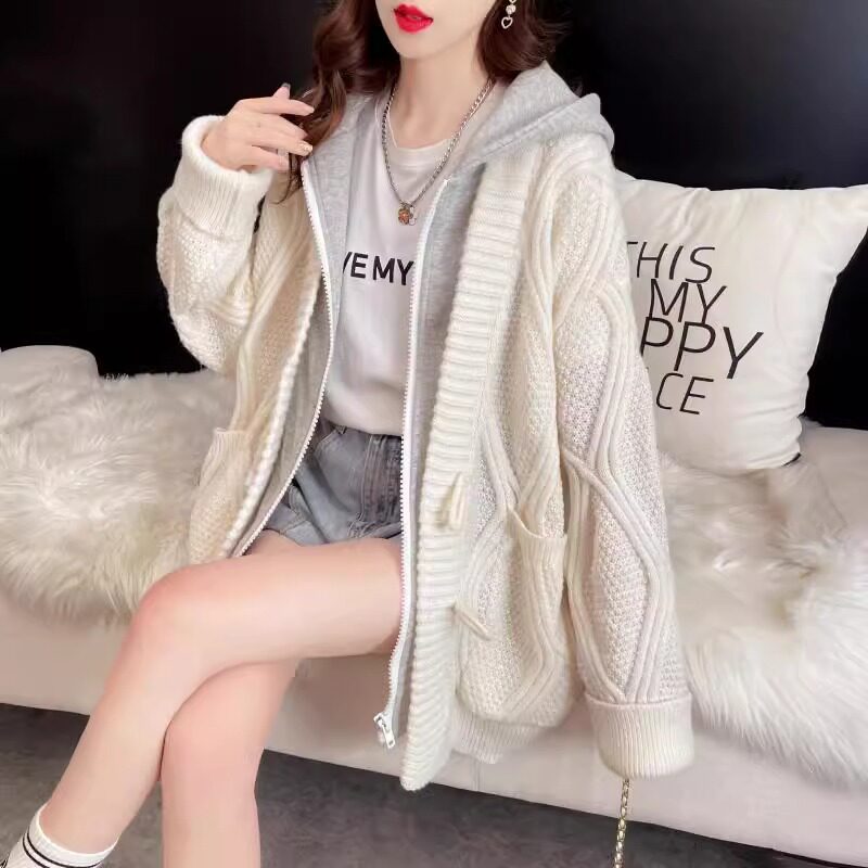 卫衣假两件连帽毛衣外套女春秋新款宽松慵懒风中长款加厚针织开衫