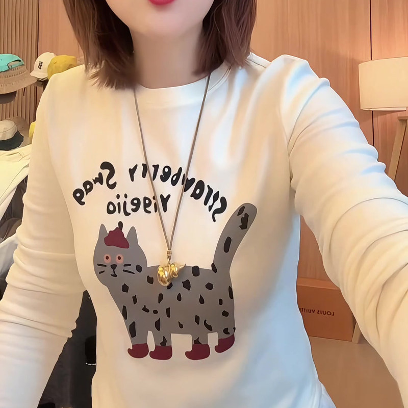 字母小猫印花长袖T恤女2026年秋冬季新款内搭打底衫上衣,女装/女士精品,大码内搭,淘宝优惠券,粉丝福利购,淘宝优惠卷