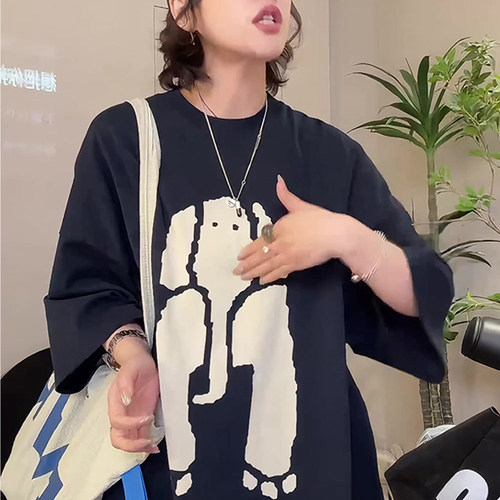 欧货美式复古创意印花夏季独特减龄纯棉大版显瘦短袖T恤上衣女