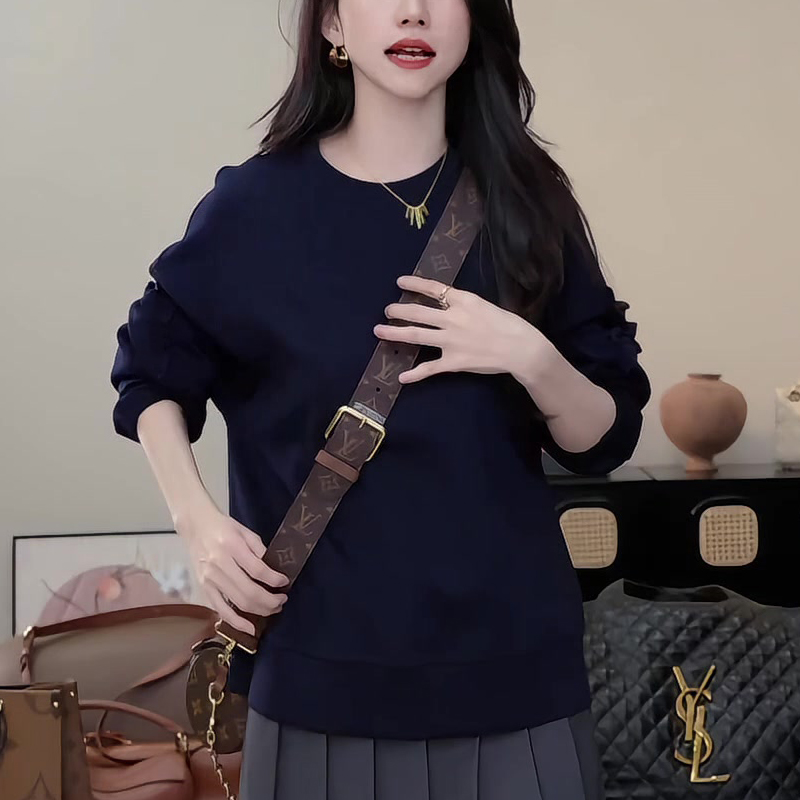 美式春秋新款长袖圆领套头简约纯色卫衣女韩版宽松百搭上衣