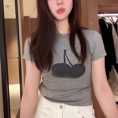 灰色系复古辣妹短袖女樱桃印花t恤修身显瘦正肩圆领上衣