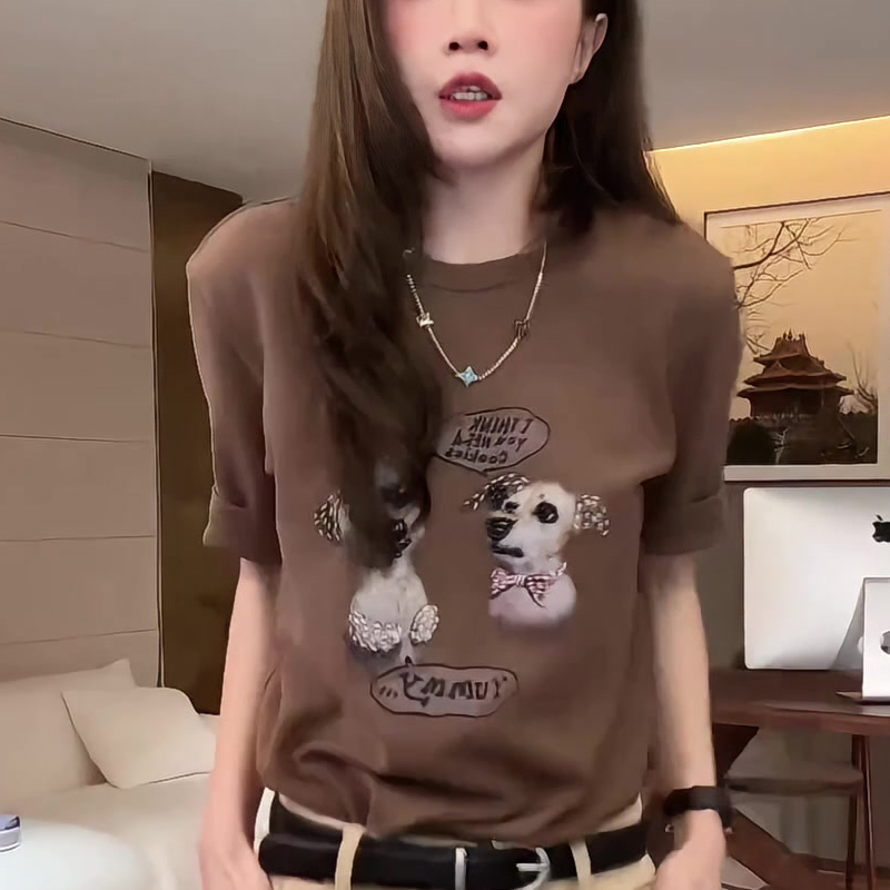 欧货时尚复古夏季小众设计感印花短袖t恤女简约休闲上衣