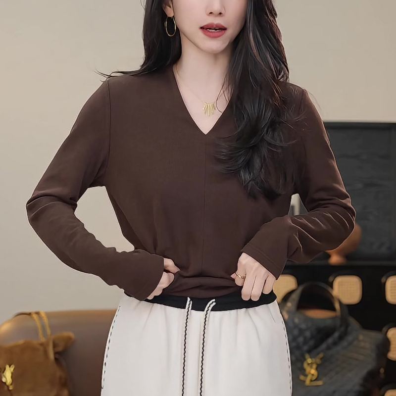 V领打底衫女内搭修身洋气质显瘦纯色百搭T恤上衣