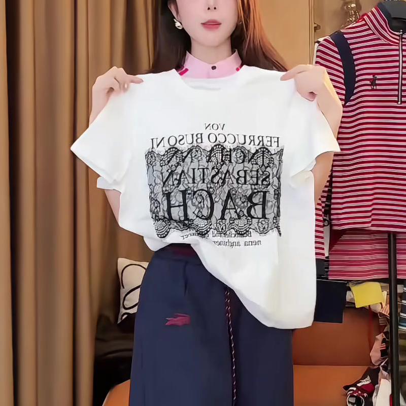 白色2025新款欧货宽松t恤女短袖夏季圆领百搭休闲上衣