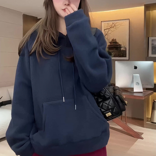 蓝色连帽卫衣宽松休闲慵懒风百搭时尚 套头上衣