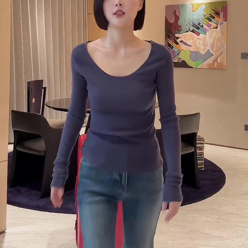 美式长袖T恤秋冬新款修身显瘦U领打底内搭上衣