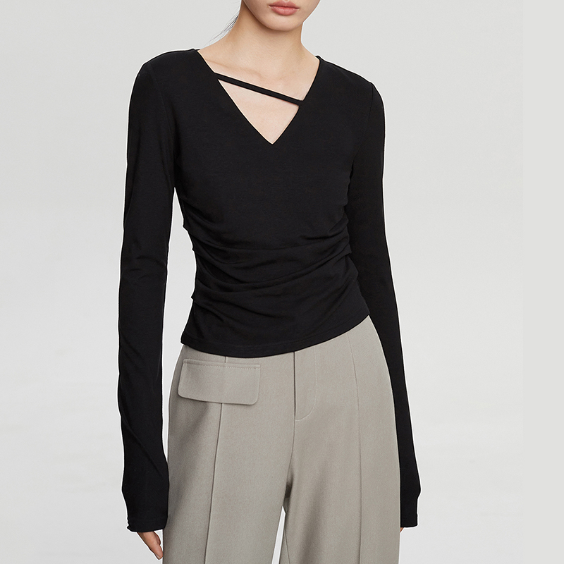 珍乐丝长袖褶皱不规则韩版T恤