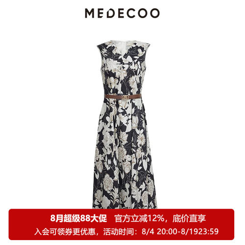 墨蒂珂无袖V领印花纯棉连衣裙女