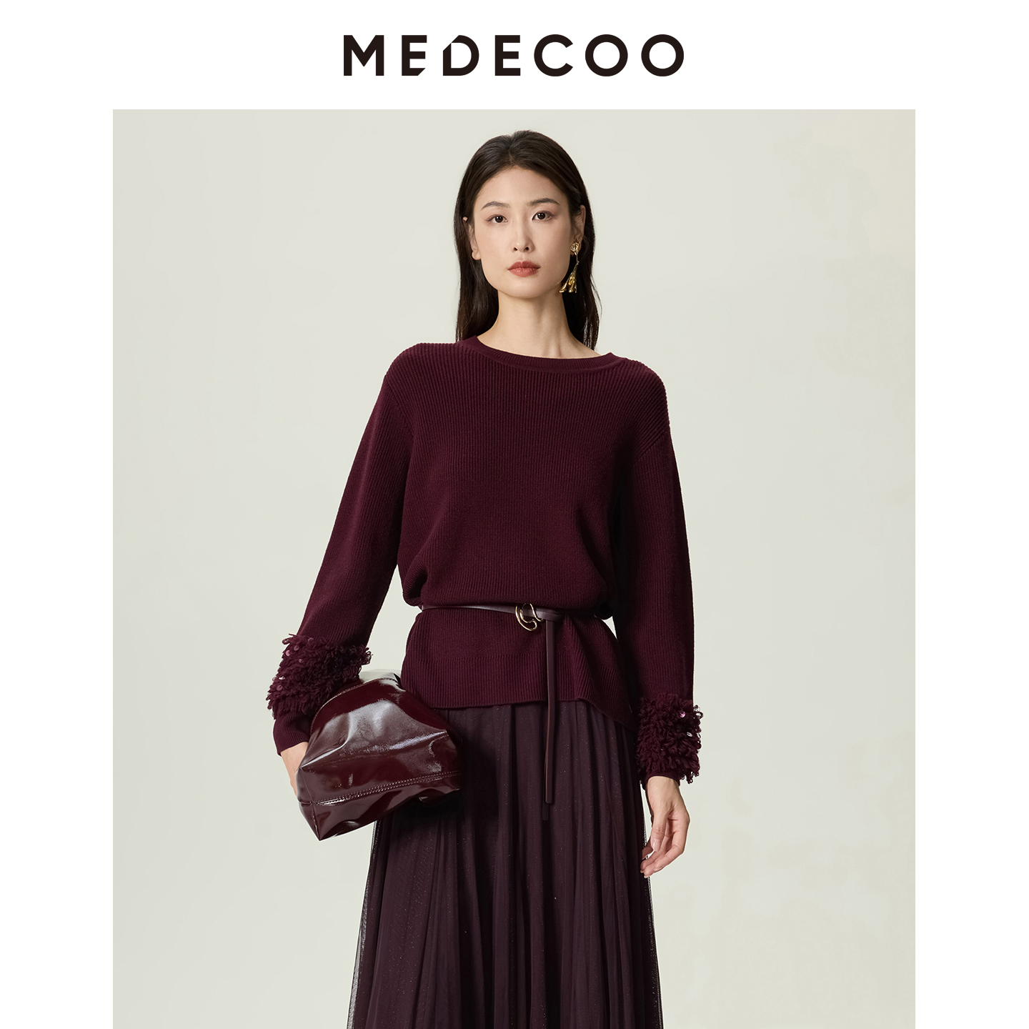 墨蒂珂亮片拼接长袖羊毛针织衫