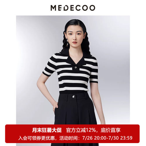 墨蒂珂翻领套头撞色条纹针织衫