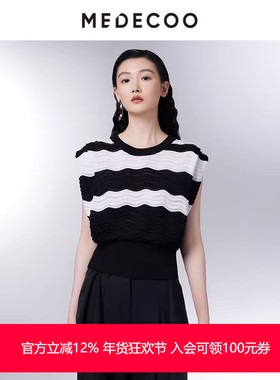 MEDECOO/墨蒂珂2025夏季新款撞色波浪条纹镂空套头针织衫SIX40314