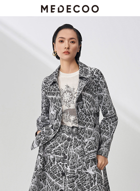 MEDECOO/墨蒂珂秋季新款 落肩袖系带提花短风衣外套MHQ32104