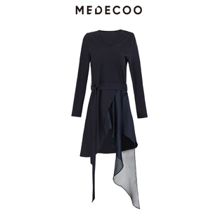 MEDECOO/墨蒂珂秋季新款 雪纺拼接收腰V领长袖套头上衣女MHC62210