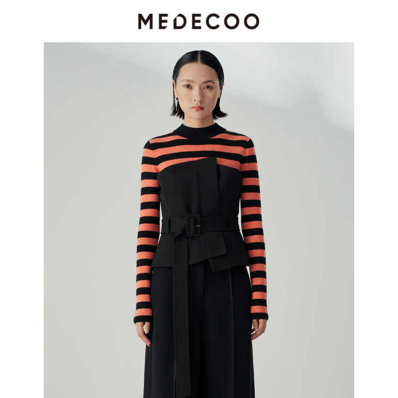 墨蒂珂长袖条纹针织拼接上衣