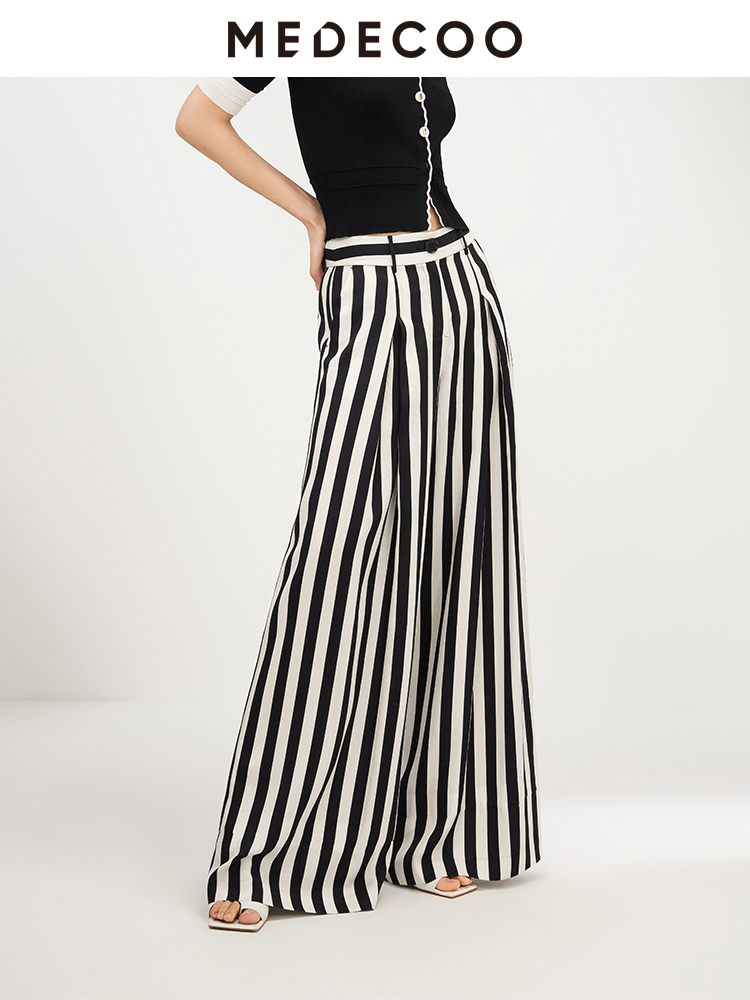 MEDECOO长款条纹显瘦优雅阔腿裤