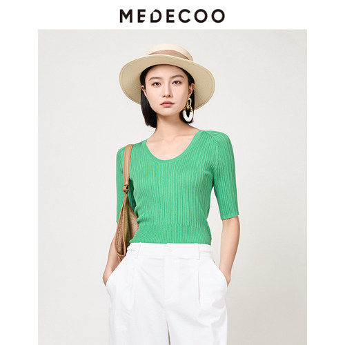 墨蒂珂醋纤套头U型纯色针织衫