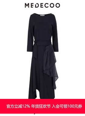 MEDECOO/墨蒂珂春季新款 雪纺拼接长袖圆领连衣裙女MHC90404