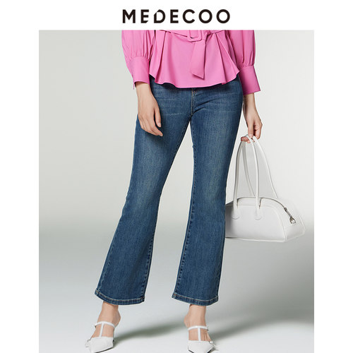 MEDECOO微喇长款高腰牛仔裤