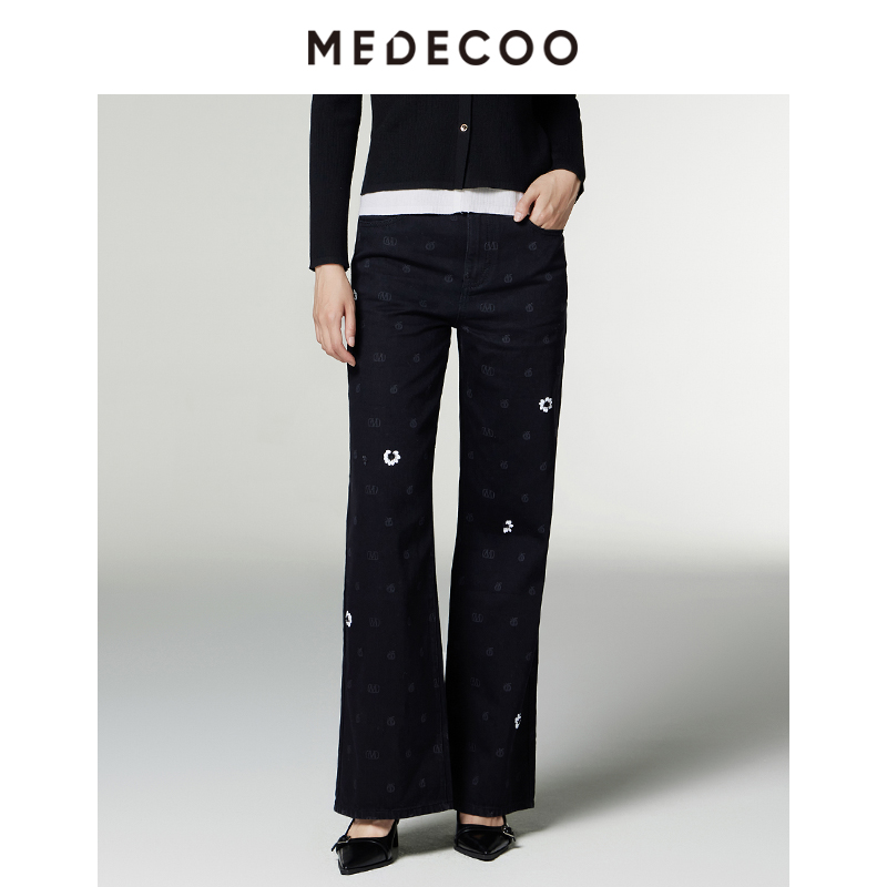 墨蒂珂长款自然腰花朵装饰牛仔裤