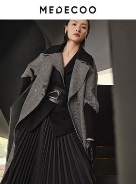 MEDECOO/墨蒂珂冬季新款撞色西装领螺纹袖羊毛呢大衣MHD20311