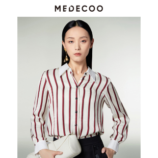 人丝衬衫 MEDECOO 撞色条纹提花长袖 新款 女MID50202 墨蒂珂冬季