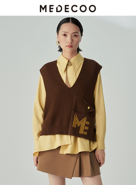 MEDECOO/墨蒂珂冬季新款 印花V领套头无袖针织衫马甲MHD40104