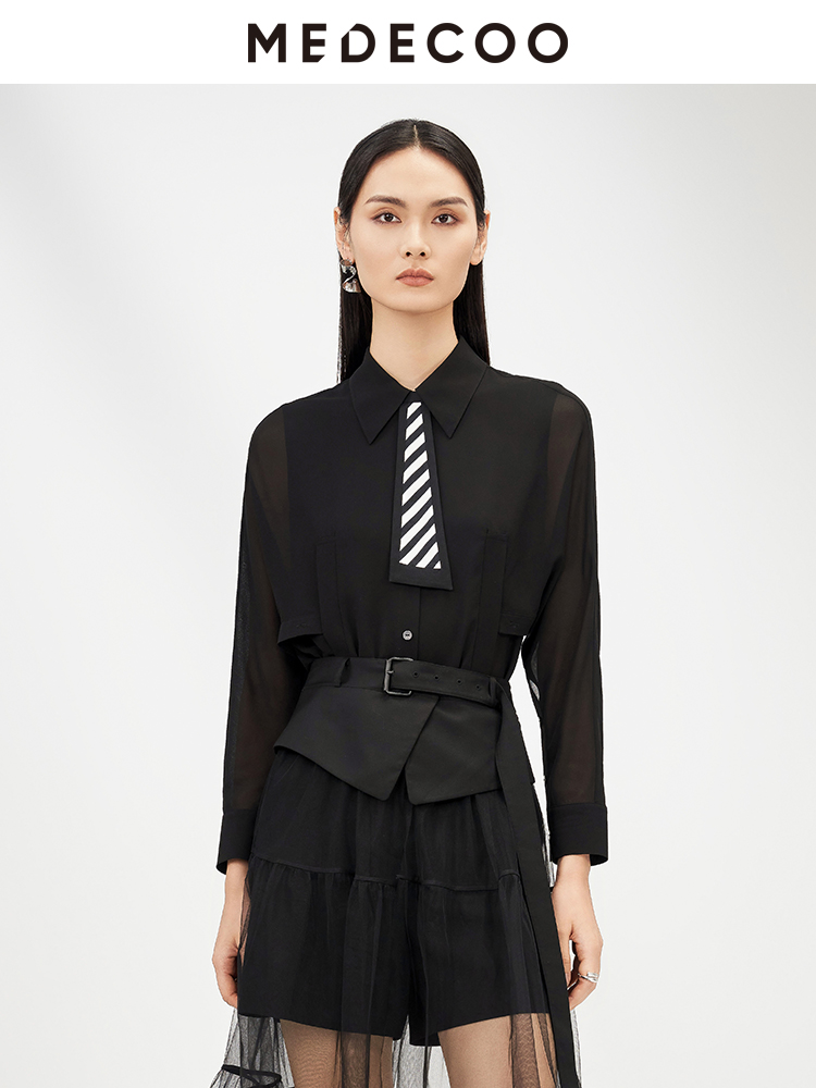 MEDECOO直筒学院风长袖微透衬衫