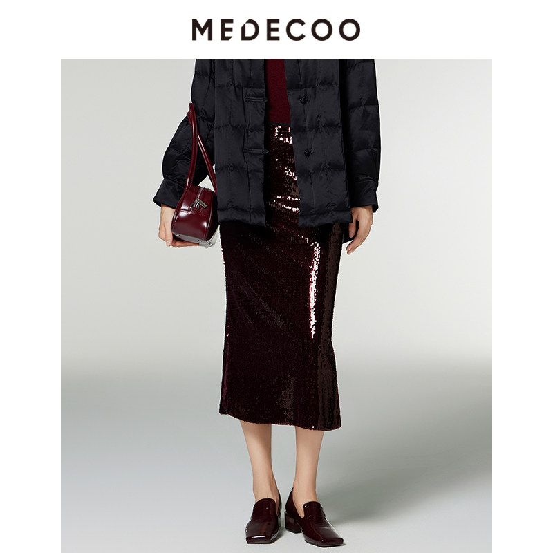 MEDECOO/墨蒂珂2024冬新品亮片装饰铅笔裙女式长款半身裙MID70211,女装/女士精品,半身裙,淘宝优惠券,粉丝福利购,淘宝优惠卷