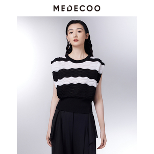 MEDECOO/墨蒂珂2026夏季新款撞色波浪条纹镂空套头针织衫SIX40314