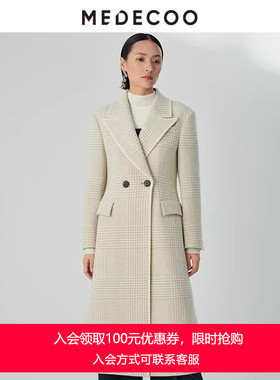 MEDECOO/墨蒂珂冬新款干练宽肩千鸟格羊毛呢大衣外套MHD20306