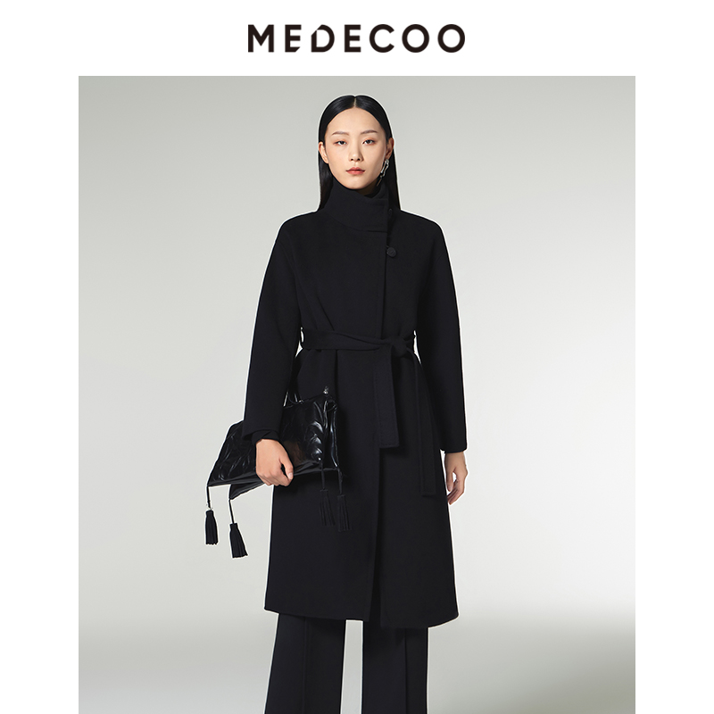 墨蒂珂羊毛呢长款立领斜门襟大衣