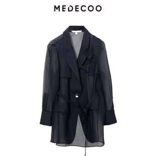 MEDECOO 直身戗驳领飘带微透休闲外套MJX31118 墨蒂珂2025夏季 新款