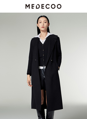 MEDECOO/墨蒂珂2024冬季新款修身系带翻领羊毛呢大衣外套MID20343