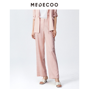 MEDECOO/墨蒂珂2026夏季新款人字纹桑蚕丝直筒休闲长裤女MJX80510