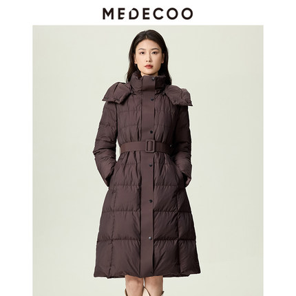 MEDECOO/墨蒂珂2025冬新款女长款白鹅绒厚款连帽羽绒服MJD11312