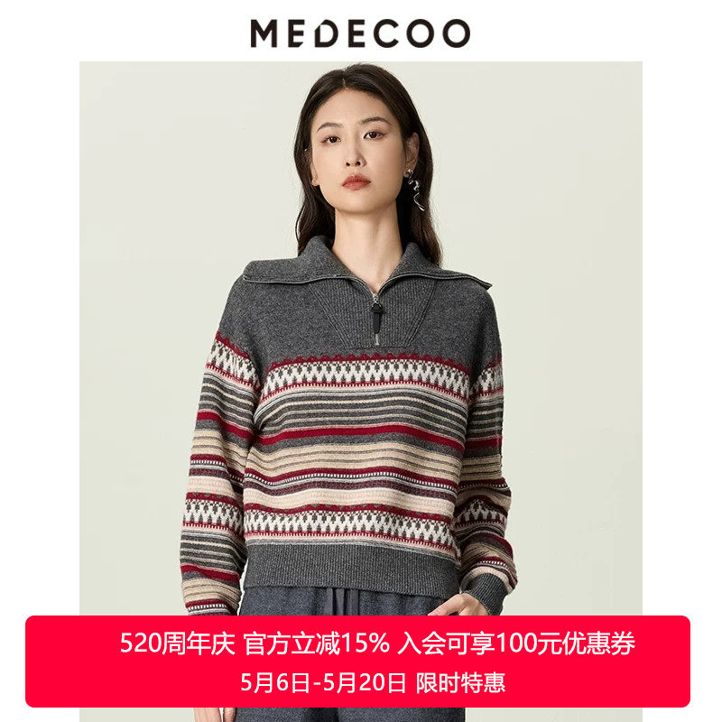 MEDECOO/墨蒂珂2025冬季新款女牦牛绒翻领条纹法式针织衫MJD40305