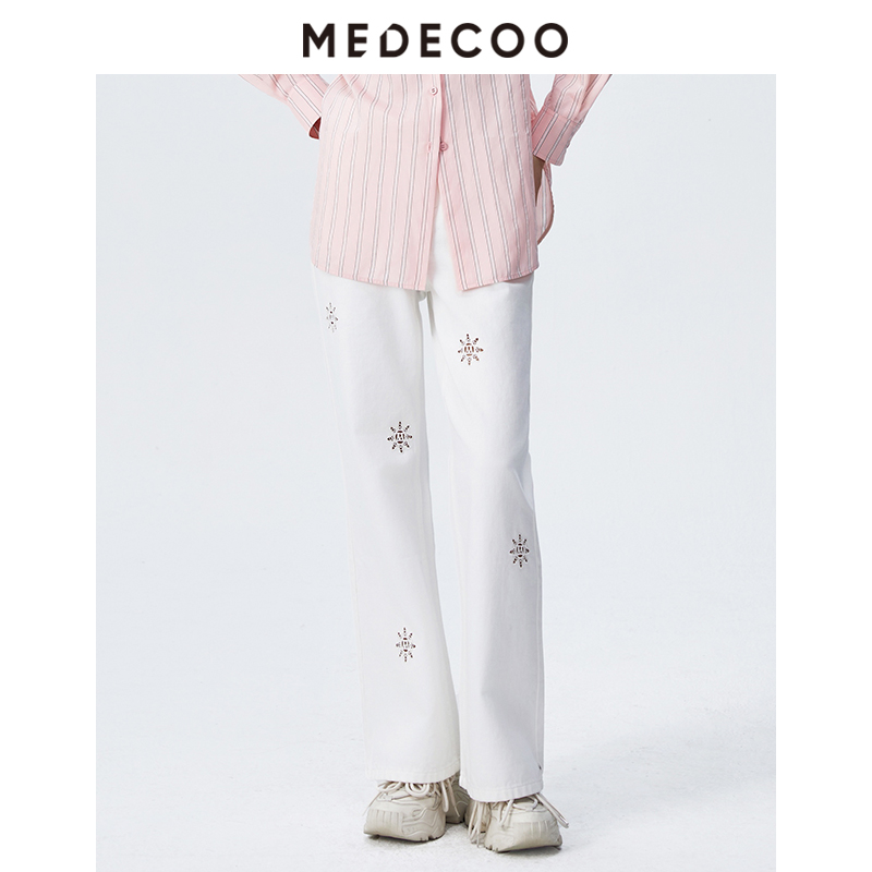 MEDECOO/墨蒂珂2025夏季新款女装刺绣牛仔裤显瘦阔腿裤子MJX80710