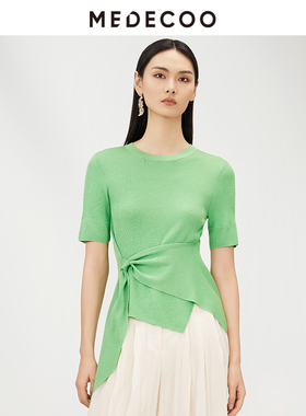 MEDECOO/墨蒂珂夏季新款 荡片系带短袖套头针织衫女MHX40332