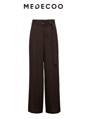MEDECOO/墨蒂珂2025秋季新款 宽腰头系带粗麻感休闲长裤MJQ80513